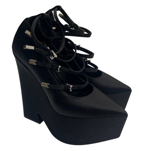 S6 VERSACE 4-Strap Heels Pump Tempest Wedge Satin Black IT37/US6.5 - Picture 1 of 9